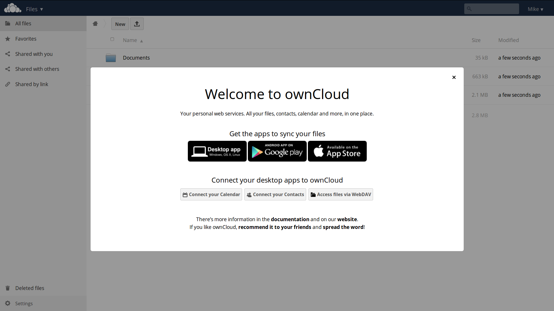 Screenshot of ownCloud configured and running